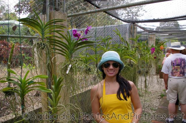 Joann next to purple orchid at Orchid World in Barbados.jpg
