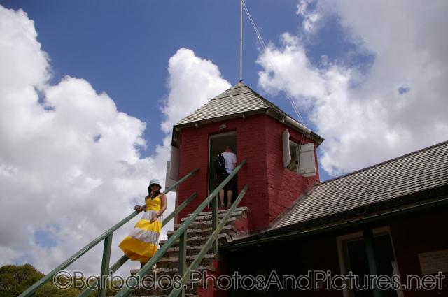 Joann on the stairs to tower of Gun Hill Signal Station in Barbados.jpg
